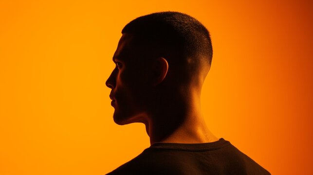 Perfil de hombre joven con iluminaci&oacute;n naranja, Silueta de rostro masculino sobre fondo naranja, Imagen para campa&ntilde;a de moda masculina, Fondo naranja para dise&ntilde;o con espacio libre, Retrato minimalista