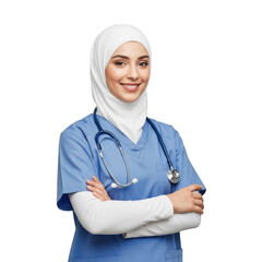 Professional Muslim Female Nurse in Blue Scrubs and Hijab With Arms Crossed isolated on transparent background