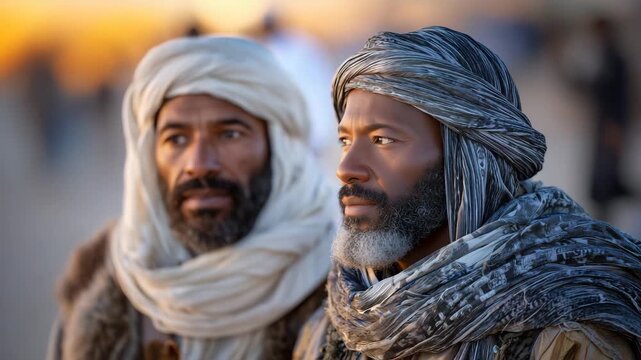 238Two men in traditional garments sharing a quiet moment in the desert, soft golden hour lighting, intricate textures of robes and headscarves highlighted, calm and contemplative moo