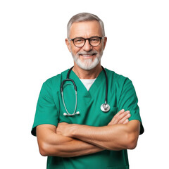 Experienced Senior Male Physician in Green Medical Scrubs with Stethoscope isolated on transparent background