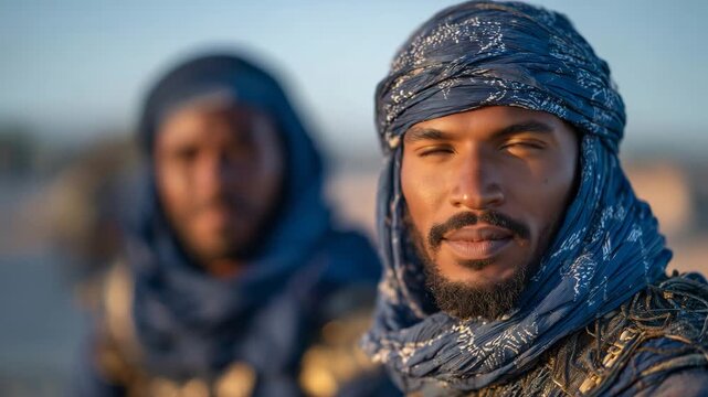 246Detailed close-up of two men in traditional desert attire, warm backlight illuminating fabrics and faces, sand and sky blurred in background, emphasizing cultural authenticity and