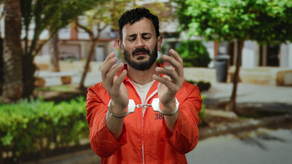 Hispanic man in orange jumpsuit with beard and handcuffs stands outdoors on street emphasizing...