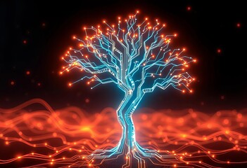 A futuristic, glowing tree made of digital circuits and lines, symbolizing technology, tree,  vector