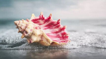 Seashell resting on wet beach sand at the shoreline with ocean waves lapping, calm summer beach scene