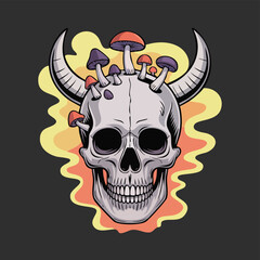 Fototapeta premium Skull with horns and mushrooms graphic illustration.
