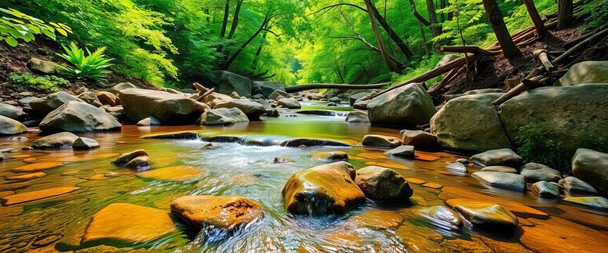 A crystal-clear stream meanders over smooth stones, reflecting the vibrant green foliage overhead ,  woods,  forest