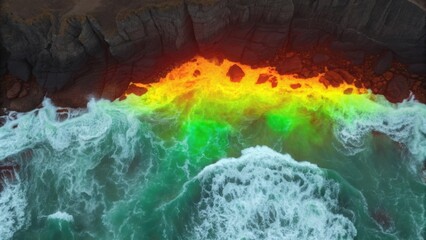 Naklejka premium Vibrant waves crash against rocks, illuminated by striking colors from below the surface.