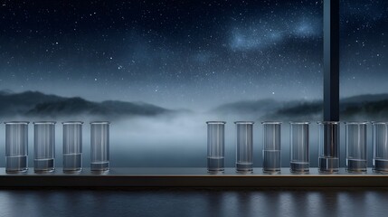 Row of laboratory test tubes under a starry foggy night sky