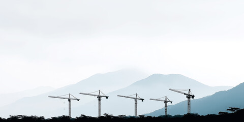 Tower cranes silhouetted on a developing skyline, constructing expansion against misty mountain range