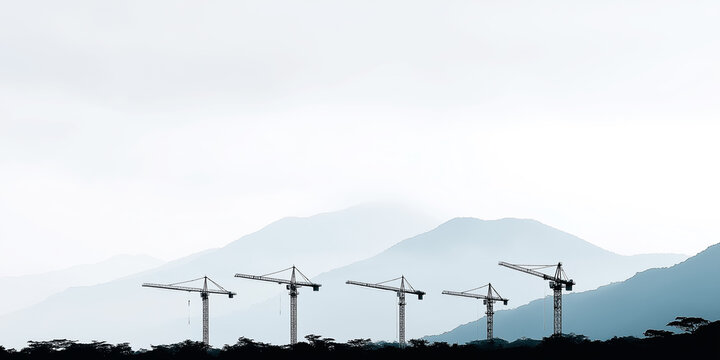 Tower cranes silhouetted on a developing skyline, constructing expansion against misty mountain range