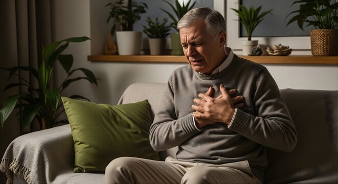 Senior Man with Chest Pain Clasping Heart Suggests Heart Attack or Angina Symbolizing Cardiovascular Issue and Urgent Medical Concern in Domestic Setting - Powered by Adobe