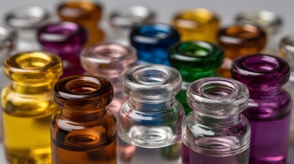 A vibrant array of colorful glass vials each filled with a different colored liquid displayed in a close up studio shot