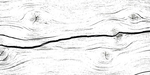 Aged wood grain texture with prominent crack and knots in black and white high contrast