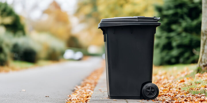 Black plastic wheelie bin on sidewalk during autumn, recycling and waste management in residential area