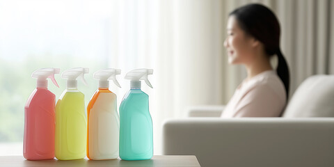 Colorful cleaning sprays on table with blurred smiling woman relaxing in background, taking a break from housework