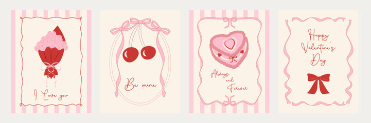 A set of vintage frames with elegant ribbons and bows for Valentine's Day. Hand drawn heart shaped cake and a bouquet of roses. Template for posters, banners, and wedding invitations. 