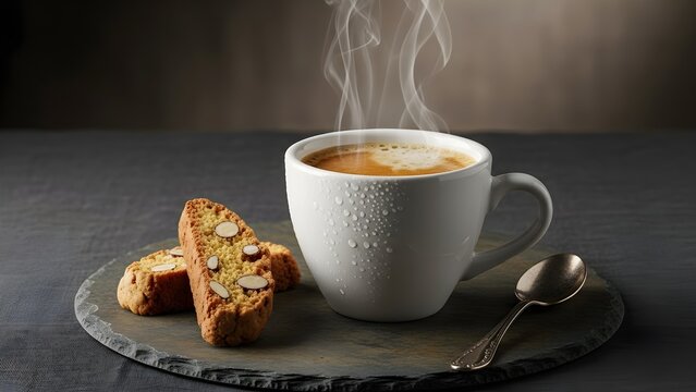 Steaming white coffee cup with biscotti on slate plate