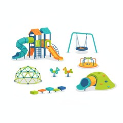 Naklejka premium A colorful children's playground featuring slides, swings, climbing structures, and interactive play elements designed for outdoor fun.