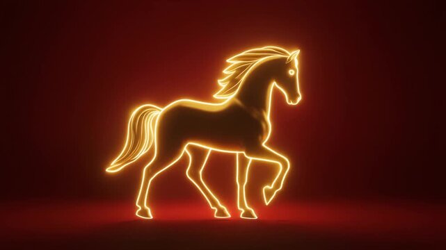 Golden zodiac horse silhouette glowing softly on red background, cinematic lighting, slow motion