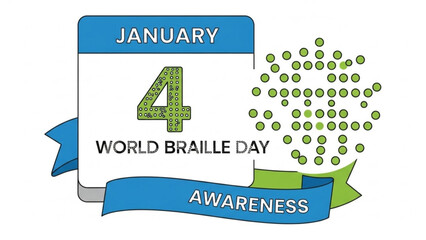 World braille day awareness illustration with calendar and braille dots on blue ribbon january 4th