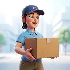 3d illustration of a female delivery person character with a parcel