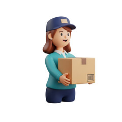 3d illustration of a female delivery person character with a parcel