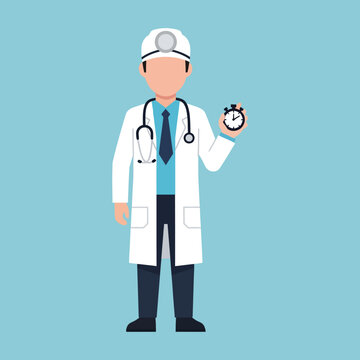 A doctor in a white lab coat holding a stopwatch against a blue background