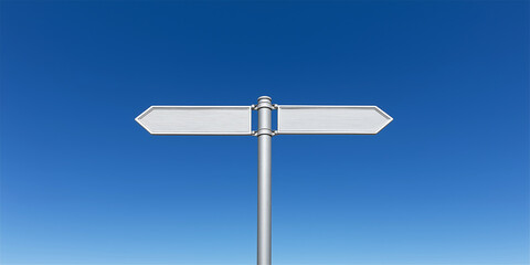 Blank signpost presenting two empty directional arrows against a clear blue sky, symbolizing choice and new decisions