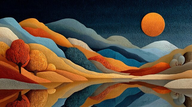 Abstract textured landscape with rolling hills and a sun reflected in water mountains photo