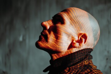 Hombre calvo con proyección de rejilla naranja, Imagen conceptual para artículo sobre realidad virtual, Retrato futurista con estética cyberpunk, escáner de seguridad