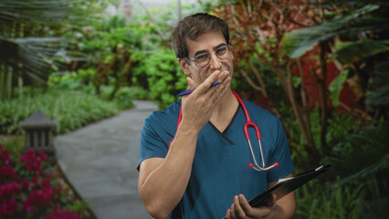 Man doctor in scrubs offers pen and clipboard on street walkway framed by garden plants and path; compassion.