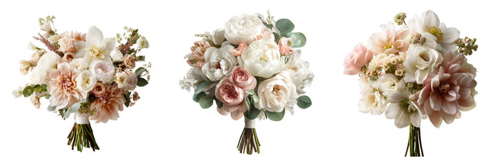 Collection of luxurious bouquet of white and blush flowers isolated on a transparent background