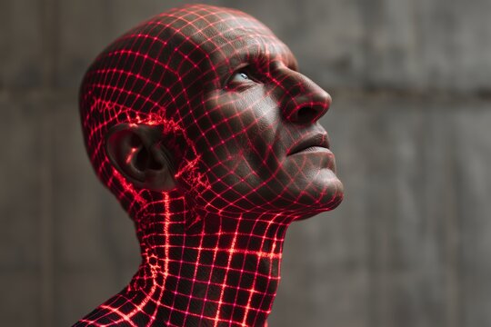 Hombre con patr&oacute;n de l&aacute;ser en la piel, Gr&aacute;fico futurista para tecnolog&iacute;a e innovaci&oacute;n, Visualizaci&oacute;n 3D para dise&ntilde;o conceptual, esc&aacute;ner cerebral, esc&aacute;ner de seguridad