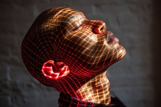 Primer plano de rostro femenino con efecto de realidad aumentada, Concepto futurista para campa&ntilde;a de belleza y tecnolog&iacute;a, Est&eacute;tica ciberpunk con l&iacute;neas de luz en la cara, esc&aacute;ner biometrico, 
