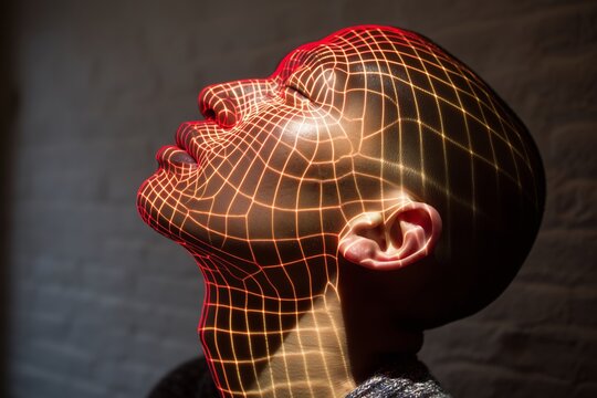 Mujer con proyector de rejilla naranja sobre el rostro, Fotograf&iacute;a conceptual con est&eacute;tica cyberpunk, Imagen para campa&ntilde;a de tecnolog&iacute;a e innovaci&oacute;n, esc&aacute;ner de seguridad biometrico