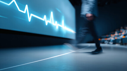 Blurred person walking in front of large digital screen displaying glowing heartbeat line in dark modern interior space