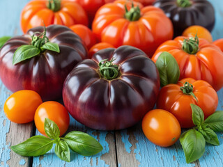 Assorted heirloom tomatoes on wooden surface