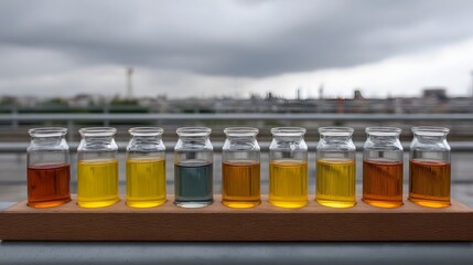 Eight colorful liquid samples in glass vials arranged on a wooden rack outdoors under a cloudy sky