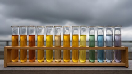 A scientific rack displays multiple test tubes filled with colorful liquids ranging from yellow to purple against a blurred overcast sky background