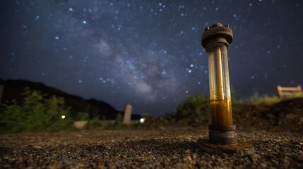 A glass gauge with oily residue sits under the vast Milky Way galaxy at night