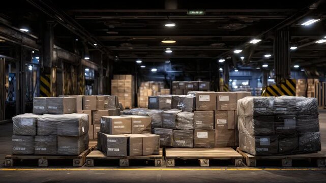 335Industrial warehouse scene with piles of plastic crates, each containing boxes of medical supplies, dramatic lighting highlighting textures and orderly arrangement, ready for distr