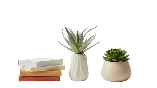 Stack of books with potted plants isolated on a transparent background