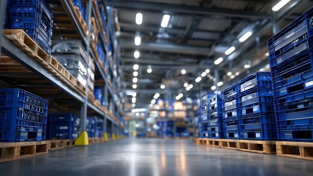 336Perspective view of a warehouse aisle lined with plastic crates filled with medical supplies, neat alignment, overhead fluorescent lights creating reflective highlights, organized