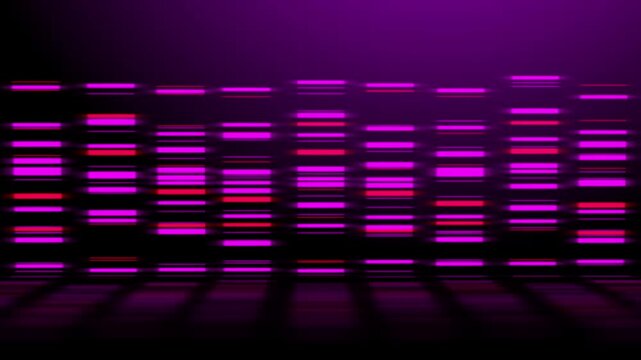 Abstract glowing equalizer graphic visualization of sound wave forms with purple background