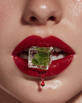 Primer plano de labios rojos con hielo y menta, Labios con gloss rojo y cubo de hielo con hojas de menta, Editorial de belleza con labios jugosos y menta helada
