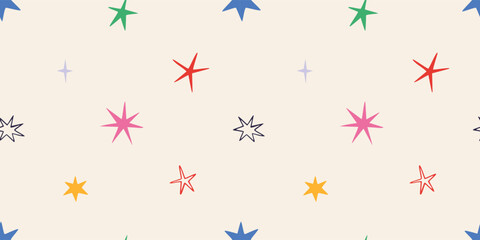 Seamless pattern with colorful quirky stars, bright decoration for holidays and parties. Trendy vector illustration on a light background, hand drawn, flat design