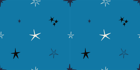 Seamless pattern with quirky stars, night sky and space concept. Trendy vector illustration on dark blue background, hand drawn, flat design