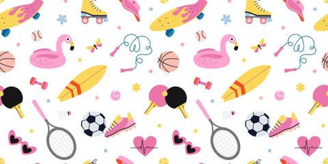 Seamless pattern with summer sport, surfing, skating, tennis and beach activities. Bright background for active lifestyle and recreation themes. Trendy vector illustration, hand drawn, flat design