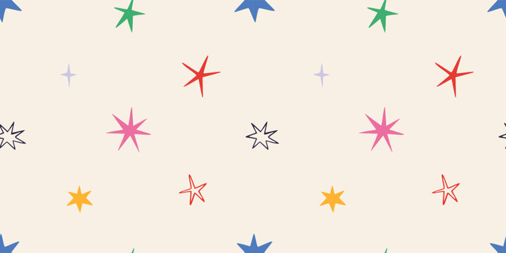 Seamless pattern with colorful quirky stars, bright decoration for holidays and parties. Trendy vector illustration on a light background, hand drawn, flat design