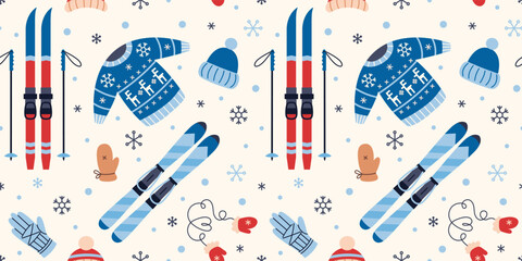 Seamless pattern with skiing equipment and clothing for winter sport, outdoor activity and seasonal recreation. Trendy vector illustration on a light background, hand drawn, flat design